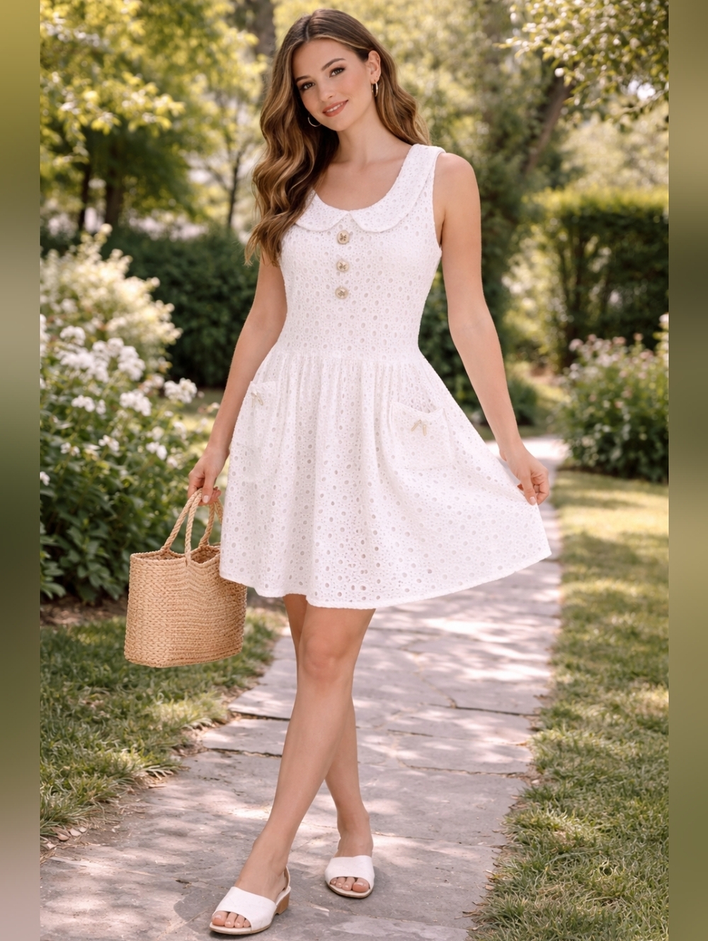 Gracia White Eyelet Dress Peter Pan Collar Cotton Gold Bow Buttons Summer L